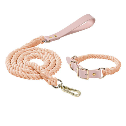 Light pink Hand-Woven Rainbow Cotton Rope Dog Leash and Collar Set - Adjustable Veg-Tanned Leather Trim with Heavy Duty Metal Hardware - 150cm Training Lead and M Size Collar.
