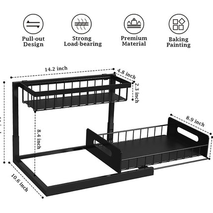 2-Tier Under Sink Organizer and Storage - Heavy Duty Metal Pull-Out Cabinet Organizer, L-Shaped Sliding Drawer Rack for Kitchen, Bathroom, and Pantry - Black.