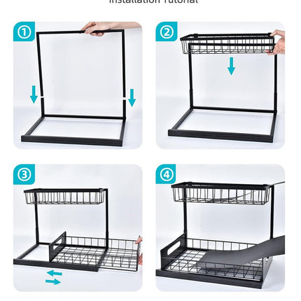 2-Tier Under Sink Organizer and Storage - Heavy Duty Metal Pull-Out Cabinet Organizer, L-Shaped Sliding Drawer Rack for Kitchen, Bathroom, and Pantry - Black.