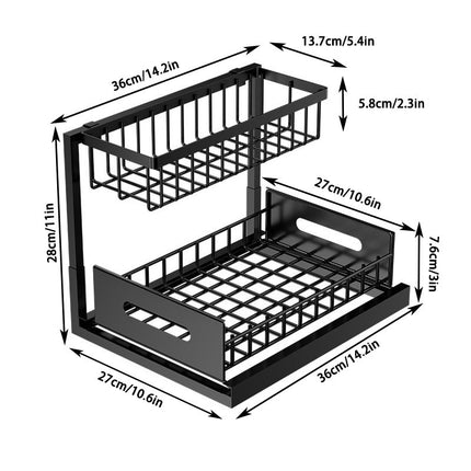 2-Tier Under Sink Organizer and Storage - Heavy Duty Metal Pull-Out Cabinet Organizer, L-Shaped Sliding Drawer Rack for Kitchen, Bathroom, and Pantry - White.