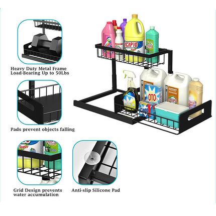 2-Tier Under Sink Organizer and Storage - Heavy Duty Metal Pull-Out Cabinet Organizer, L-Shaped Sliding Drawer Rack for Kitchen, Bathroom, and Pantry - White.