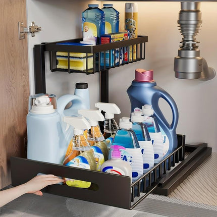 2-Tier Under Sink Organizer and Storage - Heavy Duty Metal Pull-Out Cabinet Organizer, L-Shaped Sliding Drawer Rack for Kitchen, Bathroom, and Pantry - White.