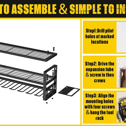 Heavy Duty Power Tool Organizer Wall Mount - 3-Tier Garage Storage Rack with Drill Holder, Screwdriver and Hammer Organizer - Extra Tall 200lbs Capacity High-Quality Steel Utility Shelf.