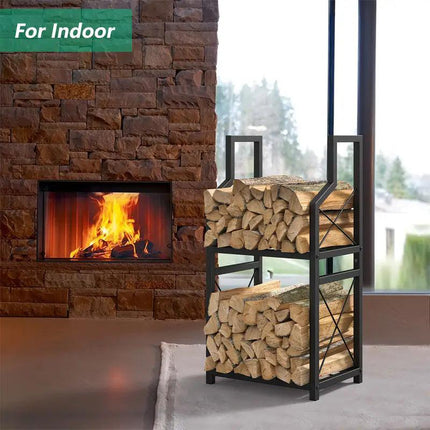 Heavy Duty 2-Tier Firewood Rack - Vertical Log Holder for Indoor Fireplace and Outdoor Fire Pit - Modern Metal Wood Storage Organizer for Camping, Patio, and Living Room.