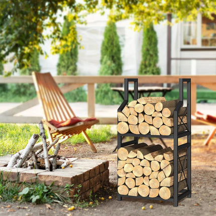 Heavy Duty 2-Tier Firewood Rack - Vertical Log Holder for Indoor Fireplace and Outdoor Fire Pit - Modern Metal Wood Storage Organizer for Camping, Patio, and Living Room.
