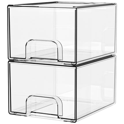 2-Pack Stackable PET Clear Makeup Organizer Drawers - Multi-Purpose Desktop Storage Case for Cosmetics, Skincare, and Office Supplies - Dustproof Vanity Organizer with Pull-Out Handles and Anti-Slip Base.