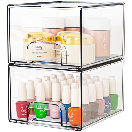 2-Pack Stackable PET Clear Makeup Organizer Drawers - Multi-Purpose Desktop Storage Case for Cosmetics, Skincare, and Office Supplies - Dustproof Vanity Organizer with Pull-Out Handles and Anti-Slip Base.