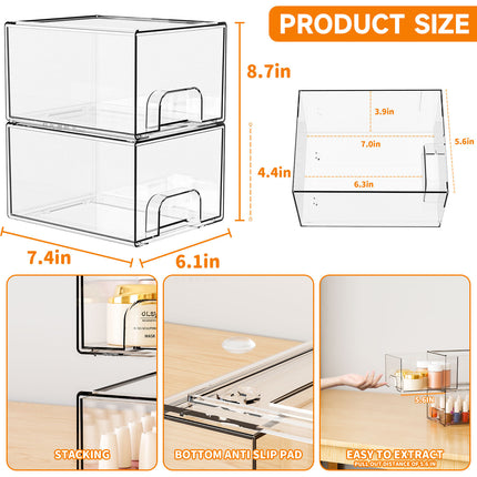 2-Pack Stackable PET Clear Makeup Organizer Drawers - Multi-Purpose Desktop Storage Case for Cosmetics, Skincare, and Office Supplies - Dustproof Vanity Organizer with Pull-Out Handles and Anti-Slip Base.