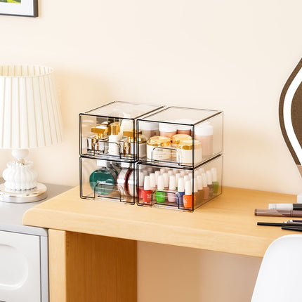 2-Pack Stackable PET Clear Makeup Organizer Drawers - Multi-Purpose Desktop Storage Case for Cosmetics, Skincare, and Office Supplies - Dustproof Vanity Organizer with Pull-Out Handles and Anti-Slip Base.