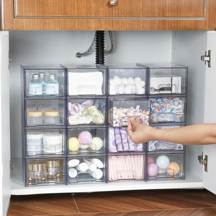2-Pack Stackable PET Clear Makeup Organizer Drawers - Multi-Purpose Desktop Storage Case for Cosmetics, Skincare, and Office Supplies - Dustproof Vanity Organizer with Pull-Out Handles and Anti-Slip Base.