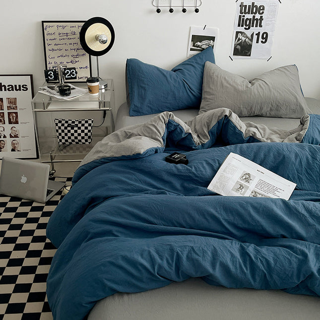 Blue-grey 1.5m Bed Fitted Sheet Set with 200x230cm Duvet Cover - 4-Piece Bedding Set.