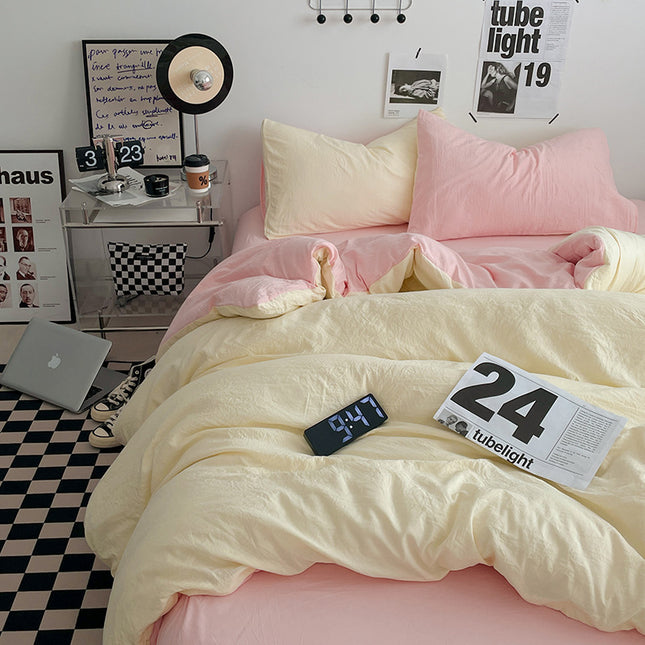 Pink-yellow 1.5m Bed Fitted Sheet Set with 200x230cm Duvet Cover - 4-Piece Bedding Set.