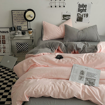 Pink-grey 1.5m Bed Fitted Sheet Set with 200x230cm Duvet Cover - 4-Piece Bedding Set.
