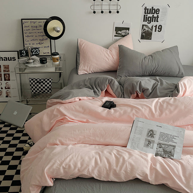 Pink-grey 1.5m Bed Fitted Sheet Set with 200x230cm Duvet Cover - 4-Piece Bedding Set.