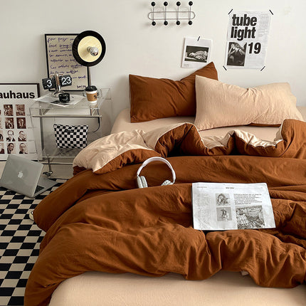 Brown 1.5m Bed Fitted Sheet Set with 200x230cm Duvet Cover - 4-Piece Bedding Set.