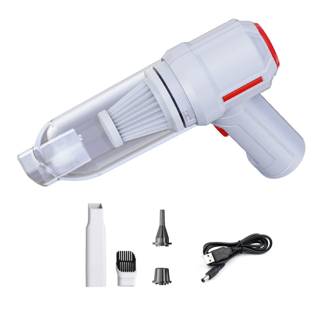 White 3-in-1 Vacuum Cleaner with Blowing, Suction, and Dust Extraction - USB Rechargeable, 2 x 2000mAh Batteries.