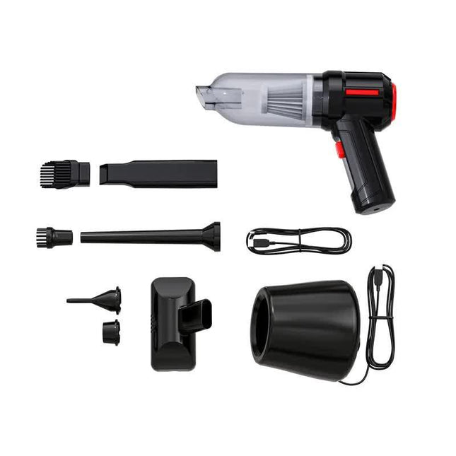 Black 3-in-1 Car Vacuum Cleaner with Blowing, Suction, and Dust Extraction - 2 x 2000mAh Rechargeable Batteries, Includes Floor Brush and Car Charger.