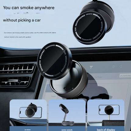 Black Magnetic Car Phone Mount - 66x66x34mm with Adjustable Bracket for Easy Smartphone Access.
