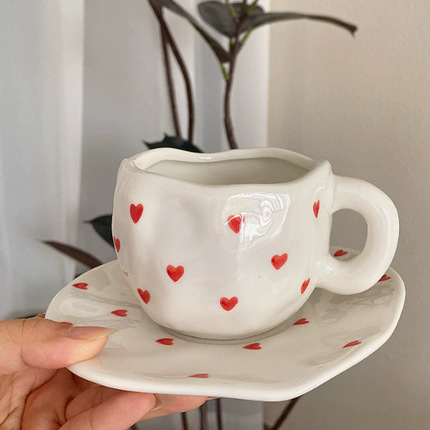 White Background Little Heart 300ML Underglaze Hand-Pinched Cup and Saucer Set - Ceramic Coffee Mug Milk Cup Breakfast Set.