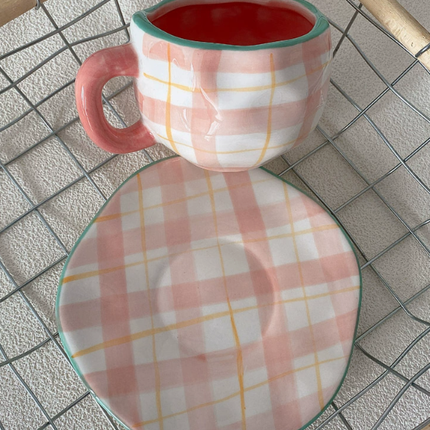 White Background Little Heart 300ML Underglaze Hand-Pinched Cup and Saucer Set - Ceramic Coffee Mug Milk Cup Breakfast Set.
