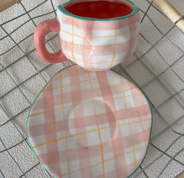 White Background Little Heart 300ML Underglaze Hand-Pinched Cup and Saucer Set - Ceramic Coffee Mug Milk Cup Breakfast Set.
