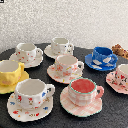 White Background Little Heart 300ML Underglaze Hand-Pinched Cup and Saucer Set - Ceramic Coffee Mug Milk Cup Breakfast Set.