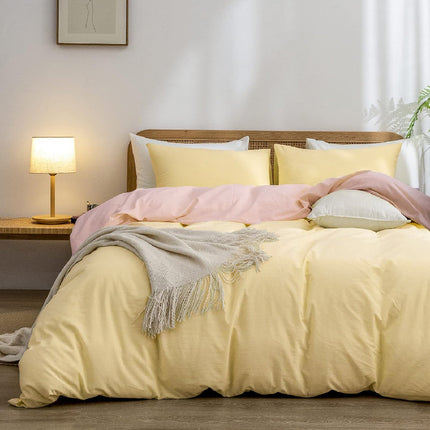 Yellow-pink 1.8m (Duvet Cover 180*220cm) Luxurious Soft Brushed Microfiber 4-Piece Bedding Set - Pure Color Double Bed Duvet Cover with Fitted Sheet.