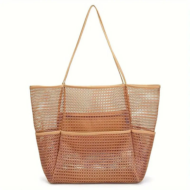 Brown Double Layer Mesh Beach Bag - Large Capacity.