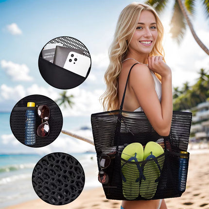 Brown Double Layer Mesh Beach Bag - Large Capacity.