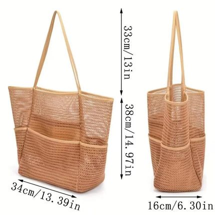 Brown Double Layer Mesh Beach Bag - Large Capacity.