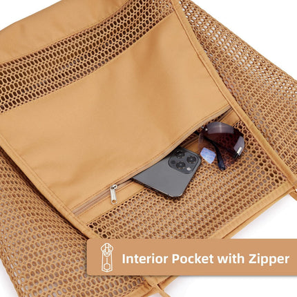 Brown Double Layer Mesh Beach Bag - Large Capacity.