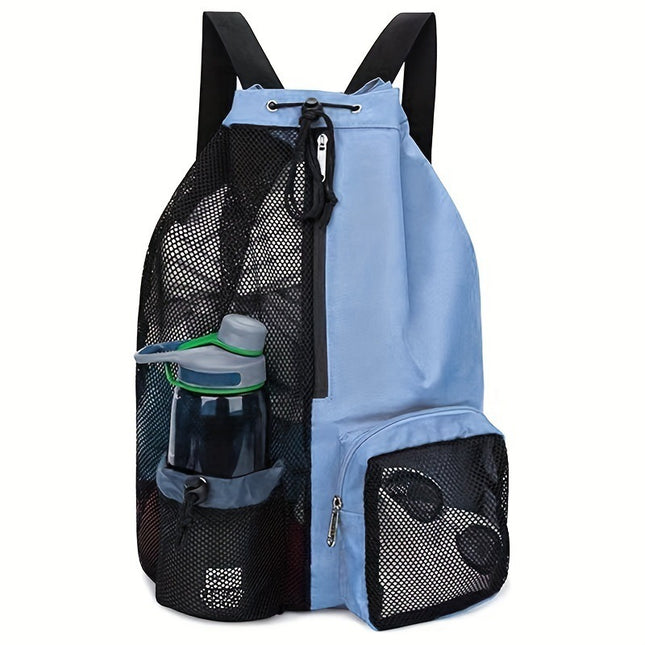 Blue Mesh Drawstring Swim Backpack with Wet Bag - Durable Beach Gym Bag for Wet Gear.