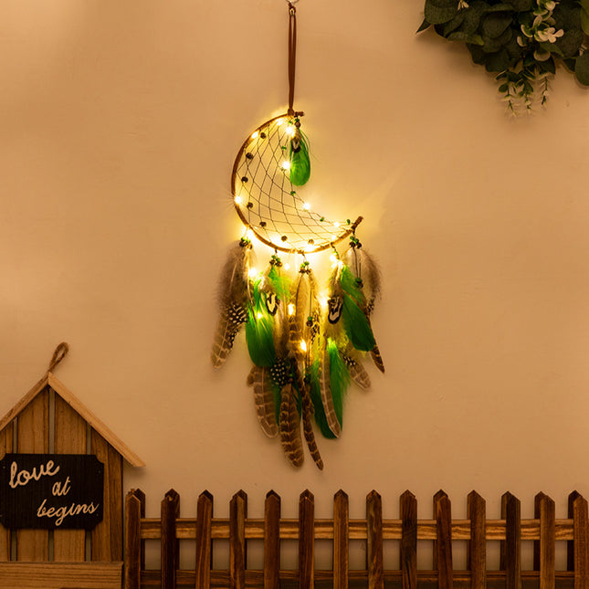 Crescent With Lights Boho Forest Dreamcatcher Wind Chime Pendant - INS Style Moonlit Serenity Decor.