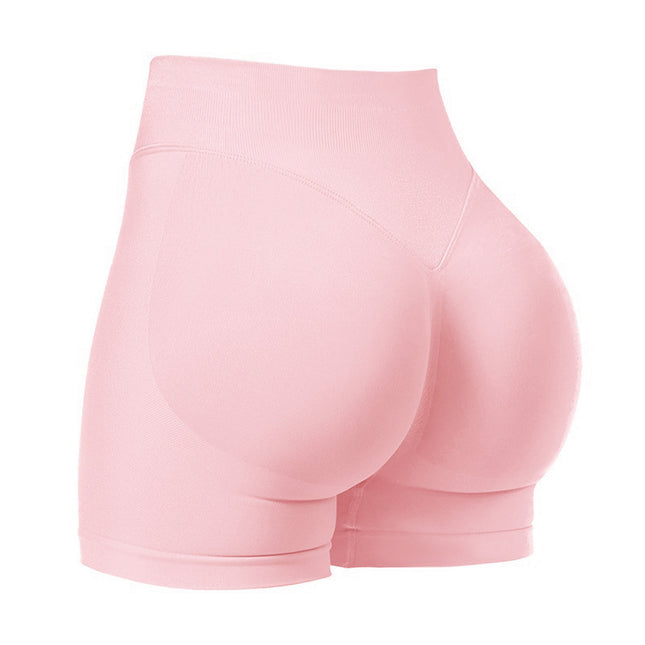 S Pink High-Elastic Hip Yoga Shorts - Seamless Mid-Intensity Pilates Workout Shorts.