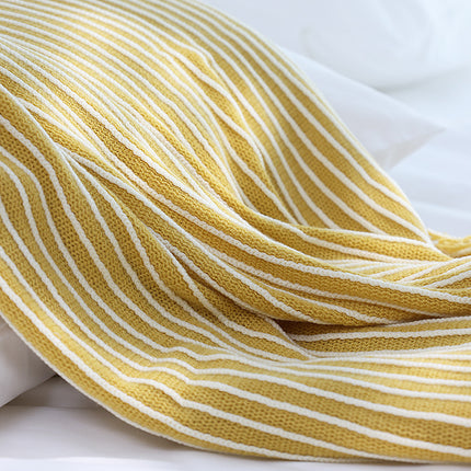 Yellow Cozy Knit Throw Blanket with Fringe - Stylish Striped  Bed End Cover, 127x220CM.