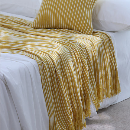 Yellow Cozy Knit Throw Blanket with Fringe - Stylish Striped  Bed End Cover, 127x220CM.