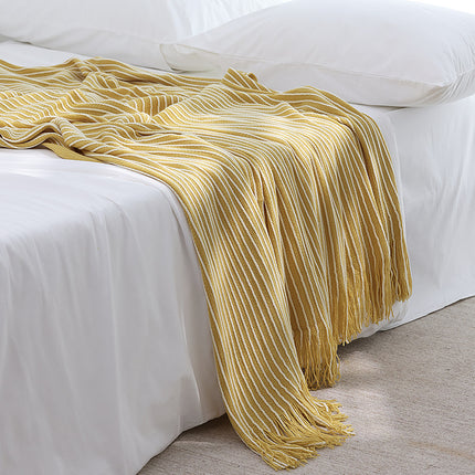 Yellow Cozy Knit Throw Blanket with Fringe - Stylish Striped  Bed End Cover, 127x220CM.
