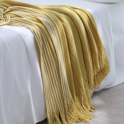 Yellow Cozy Knit Throw Blanket with Fringe - Stylish Striped  Bed End Cover, 127x220CM.