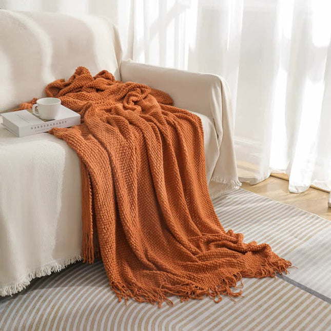 Orange Premium Woven Knitted Throw Blanket with Tassels | Soft, Cozy Sofa & Bed Blanket, Perfect for Office or Afternoon Naps 127x172cm.