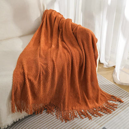 Orange Premium Woven Knitted Throw Blanket with Tassels | Soft, Cozy Sofa & Bed Blanket, Perfect for Office or Afternoon Naps 127x172cm.