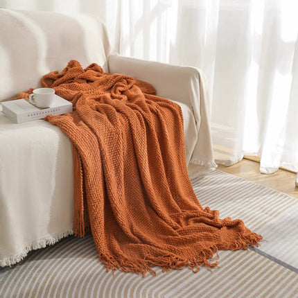 Orange Premium Woven Knitted Throw Blanket with Tassels | Soft, Cozy Sofa & Bed Blanket, Perfect for Office or Afternoon Naps 130x260cm.