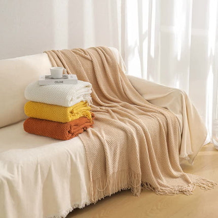 Orange Premium Woven Knitted Throw Blanket with Tassels | Soft, Cozy Sofa & Bed Blanket, Perfect for Office or Afternoon Naps 130x260cm.