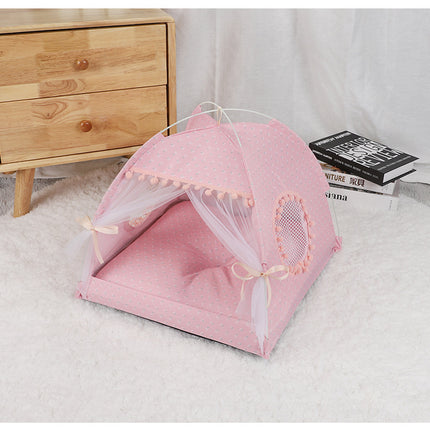 Pink Floral Portable Folding Pet Tent - Summer Cat & Dog Shelter with Mesh Window, Lightweight and Breathable, Ideal for Travel & Home Use 40x40x35CM.