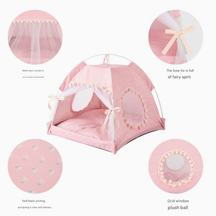 Pink Floral Portable Folding Pet Tent - Summer Cat & Dog Shelter with Mesh Window, Lightweight and Breathable, Ideal for Travel & Home Use 40x40x35CM.
