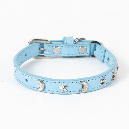 3 pcs Light blue Stylish PU Leather Pet Collar - Anti-Loss, Puppy Bell, Star & Moon Design Width 1.2cm Total Length 35cm.