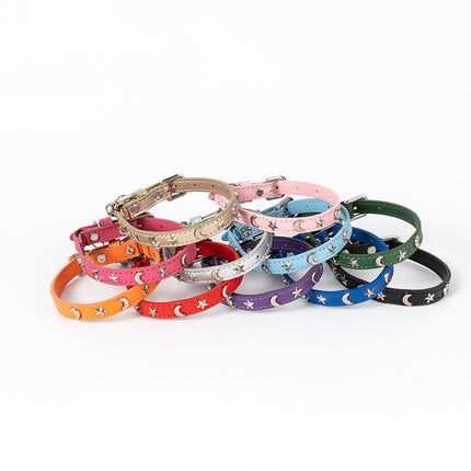 3 pcs Light blue Stylish PU Leather Pet Collar - Anti-Loss, Puppy Bell, Star & Moon Design Width 1.2cm Total Length 35cm.