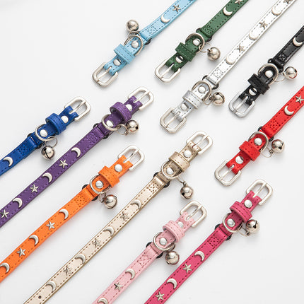 3 pcs Light blue Stylish PU Leather Pet Collar - Anti-Loss, Puppy Bell, Star & Moon Design Width 1.2cm Total Length 35cm.