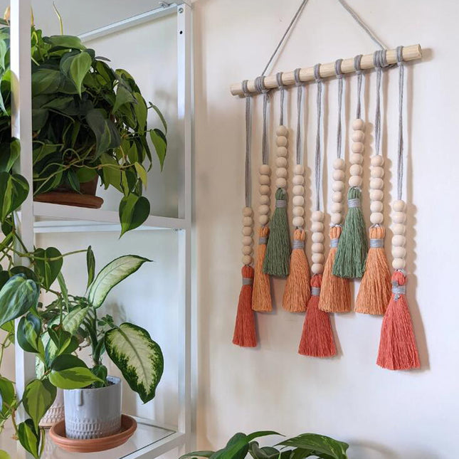 Colorful Tassel Wall Hanging-Wooden Beads Boho Tapestry Home Decor (Daylily red).