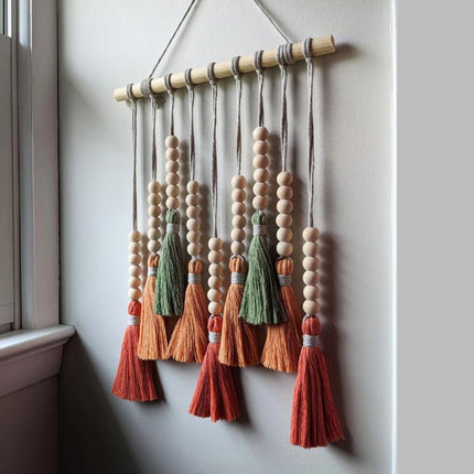 Colorful Tassel Wall Hanging-Wooden Beads Boho Tapestry Home Decor (Daylily red).