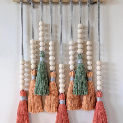 Colorful Tassel Wall Hanging-Wooden Beads Boho Tapestry Home Decor (Daylily red).